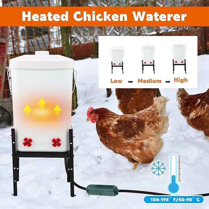 4 Pcs 3 Gallon 2 in 1 Heated Chicken Waterer with Heated Stainless Steel Table 26 Pounds Automatic Chicken Feeder Waterproof Outlet Box Pipe Insulation Tape Wrap for Winter Chick Coop