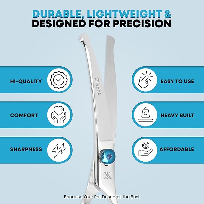 6.5” Curved Pet Grooming Scissors – Professional Dog Hair Cutting Shears with Blue Adjustable Tension Screw & Comfort Grip – Ideal for Face, Ears, Paws & Finishing
