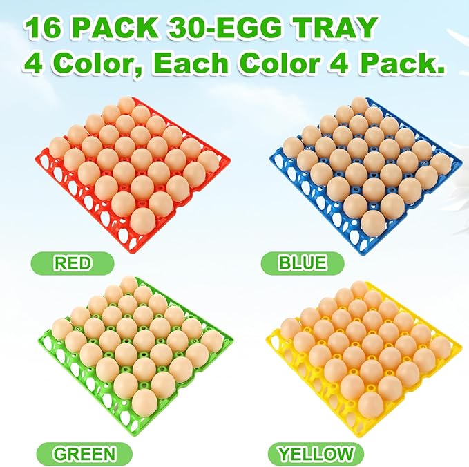 16 Pack Plastic Egg Tray Egg Crates, 30-Egg Flats Egg Cartons, Stackable Egg organizer Crates for Home Chicken Farmers, Plastic Egg Crate Hold Multiple Eggs for Storing, Sorting, Shipping Eggs