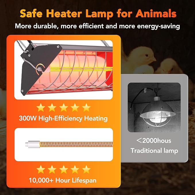 Chicken Coop Heater Lamps Replacement 300W Suitable for Chicken Coop Heat Lamp(HL02) Carbon Fiber Light Adjustable Hanging Chicken Heater for Coop Poultry Ideal Chicken Coop Accessories