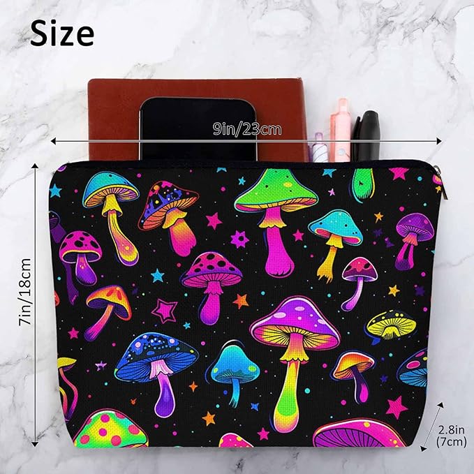 Mushroom Makeup Organizer Bag Cosmetic Bag For Men Women, Magic Galaxy Space Mushrooms Rainbow Travel Toiletry Bag Flax Makeup Bags Purse Business Makeup Pouch For Toiletries Cosmetics