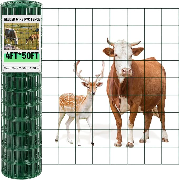 Gisafai Galvanized Welded Wire Fence 4 ft X 50 ft for Dog Chicken Hog Deer Goat Cattle 16GA Garden Border PVC Coated Fencing Roll Border Yard Vegetable Plant Animals Protection Poultry Netting(Green)
