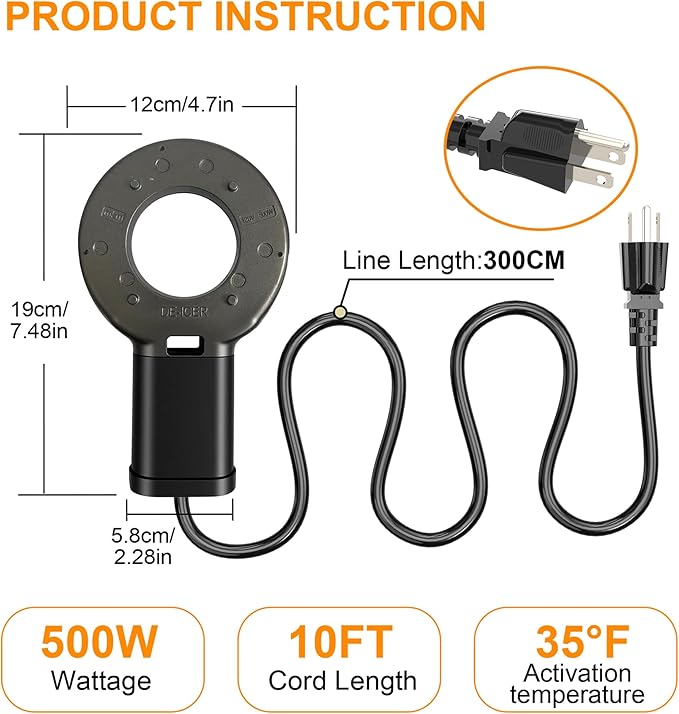 500W Utility De-Icer, Submergible Bird Bath Heater De-icer, Chicken Water Heater, Stock Tank Heater for Livestock Poultry Birds, Cows, Horses, Wildlife Drinkingwith 10FT Power Cord, Black