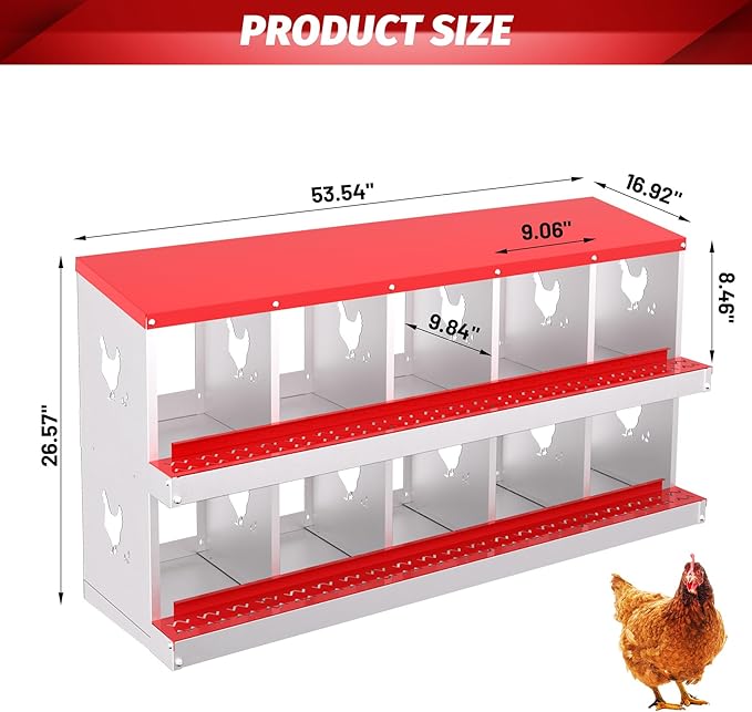 Chicken Nesting Box,10 Compartment Metal Poultry Nest Box Wall Mount, Metal Roll Away Eggs Laying Boxes, Easy Egg Collection, Easy Cleaning,10 Room Chicken Coop for Hens