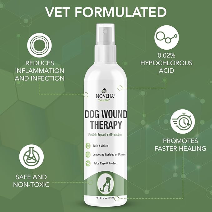 NOVEHA Dog Wound Care Spray - Hypochlorous Acid Dog Wound Spray - Itch Relief, Skin Repair, Healing Aid, Clean Wounds, Relieve Dog Skin Allergies and Other Dog Skin Problems - 8 Oz