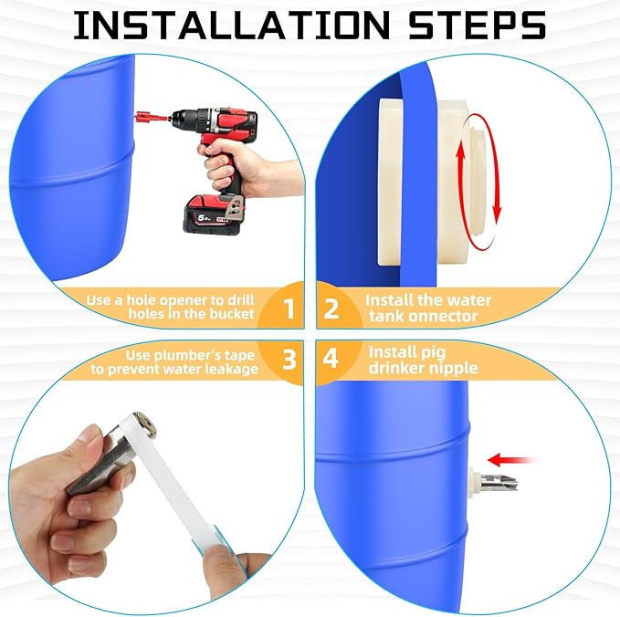 4PCS Pig Nipple Water Drinker for Barrel Kit, Stainless Steel Pig Waterer Nipple with Water Tank Connector Kit, Automatic Pigs Drinker Feeder Hog Waterer for Pig Goats Swine Piglets Drinking