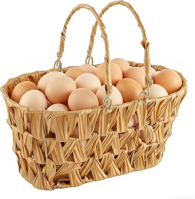 Farmhouse Egg Basket,Large Egg Collecting Basket with Handle,Wicker Basket,Egg Basket for Gathering and Carrying Fresh Eggs,Kitchen Storage Container Chicken Egg Holder Countertop