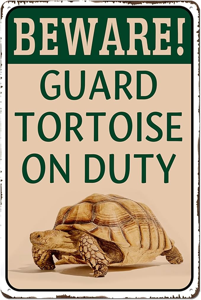 Tortoise Habitat Accessories Turtle Enclosure Decor - Outdoor Habitat Setup for Sulcata Tortoise, Beware Guard Tortoise On Duty Metal Tin Sign Gifts for Tortoise Lovers 8x12 Inch