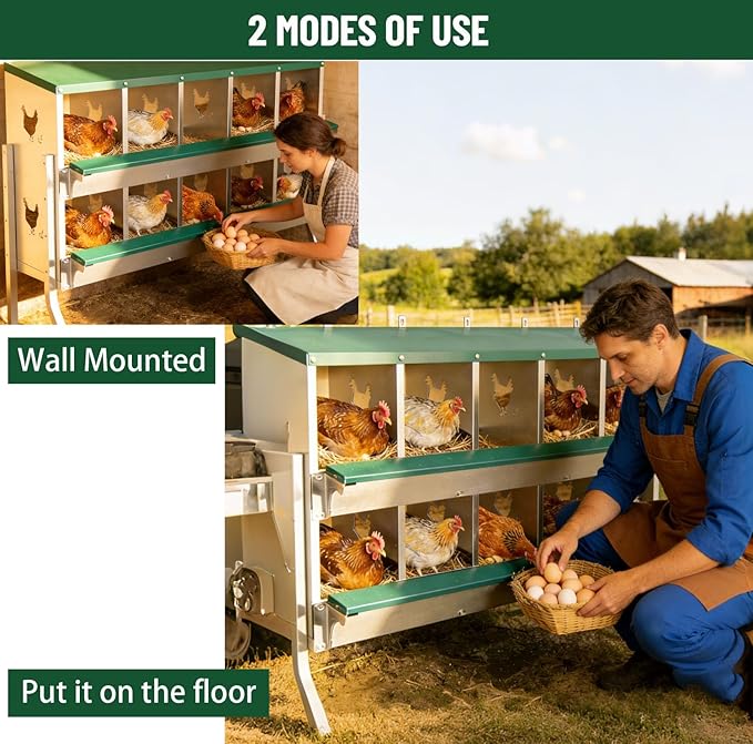 Chicken Nesting Box 10 Compartment with Legs 10 Pet Moisture Pads and 4 Fake Eggs Roll Away Egg Collection, Perch, Lid Cover for Egg Protection - Wall Mount Nest Box for Chickens, Hens, Ducks