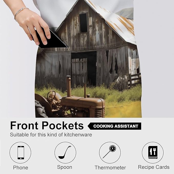 Old Wooden Barn with Rusted Tractor Apron with Pockets Water And Oil Resistant Kitchen Aprons Professional Adjustable Bib Apron for Women Men