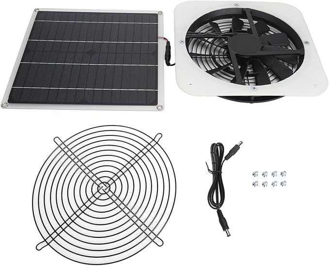 Solar Panel Fan 100W, Weatherproof Exhaust Fan with Metal Protection Mesh for Chicken Coops Greenhouses Sheds, Solar Powered with High Airflow 3000 RPM for Window Exhaust (White)