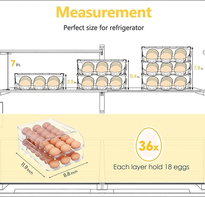 Egg Holder for Fridge, Automatic Steady Rolling Egg Container with Soft Bumpers & Handle for Refrigerator, Stackable Fridge Organizers and Storage with Lid
