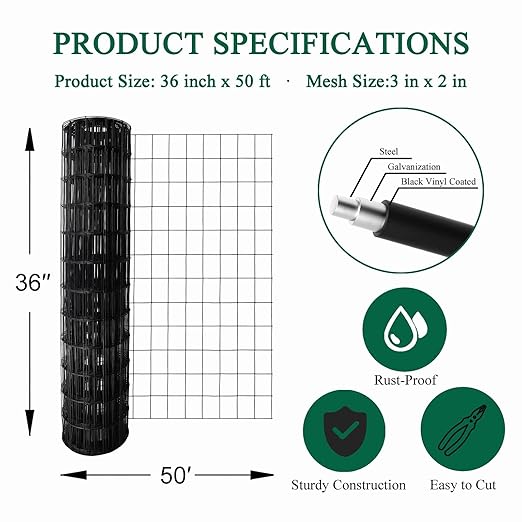 Black PVC Coated Welded Wire Fence 36 Inch x 50 Foot, 2 Inch x 3 Inch 16GA, Garden Border Fencing Roll Vinyl Coating Metal Wire Mesh for Yard Vegetable Plant Protection Poultry Netting