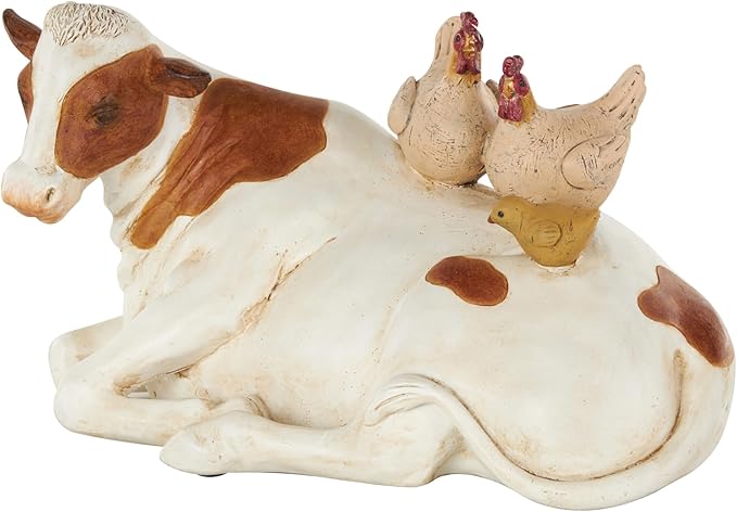Deco 79 Polystone Cow Sleeping Sculpture with Sitting Roosters and Chicks, 11" x 6" x 6", Cream