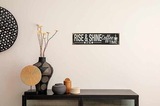 Rise and Shine Coffee Time Metal Sign 4x16in Vintage Plaque for Kitchen Office Wall Decor