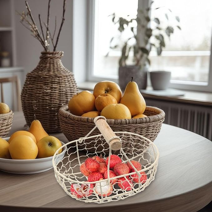 Egg Basket, Egg Collecting Basket, Iron+wood Wire Egg Basket, Chicken Egg Basket, Picnic Storage Basket with Farmhouse Design, Comfortable Handle, Can Hold 12 Eggs for Kitchen, Dining Room, Living Roo