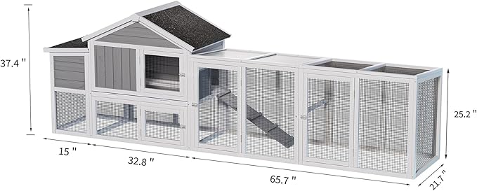 Large Wooden Chicken Coop Outdoor Hen House with Run, Waterproof Roof & Nesting Box, Secure Lock, Removable Tray, Ramp & Perch for 2–4 Chickens or Small Pets (Gray, 113.5")