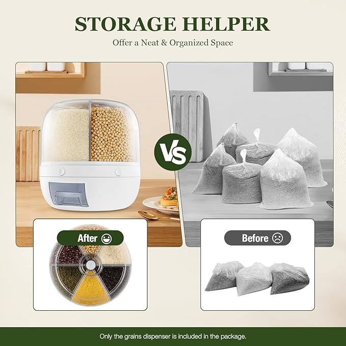 Rotating Grain Dry Food Dispenser Countertop - 6 Grids Cereal Tank Dispenser for Lentils, Rice, Beans - Kitchen Pantry Storage Container- Max 10kg/22 lbs Capacity - White