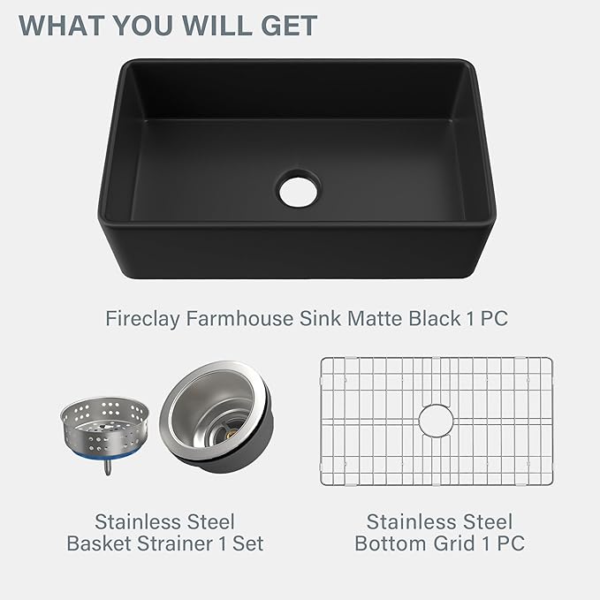 Black Farmhouse Sink 33 x 18 Inch, Single Bowl Firecaly Apron Front Undermount Farm Sink, with Accessories 2 Types, Matte Black, for Kitchen