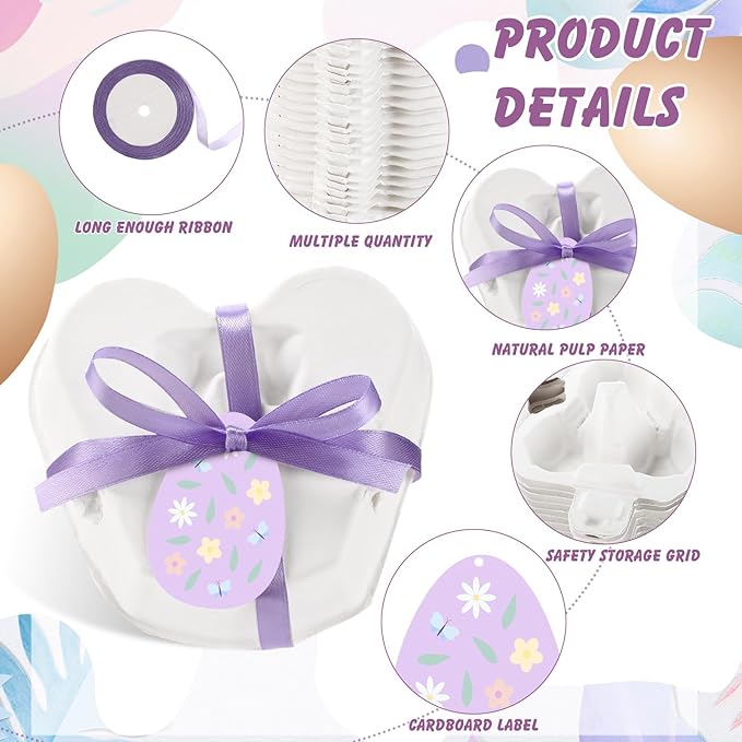 48 Pcs Easter Egg Cartons White Heart Shaped Egg Holder Natural Pulp Paper for Chicken Eggs with Macaron Color Label Ribbon for Easter Gift, Arts and Crafts Reusable Mini Egg Cartons
