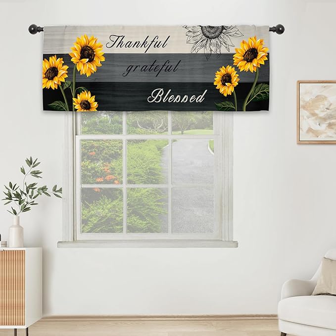 Farmhouse Sunflower Rustic Kitchen Curtain Valance 54W x 18L Inch Wood Wooden Country Rural Rod Pocket Short Cafe Small Window Treatment Drapes Decor