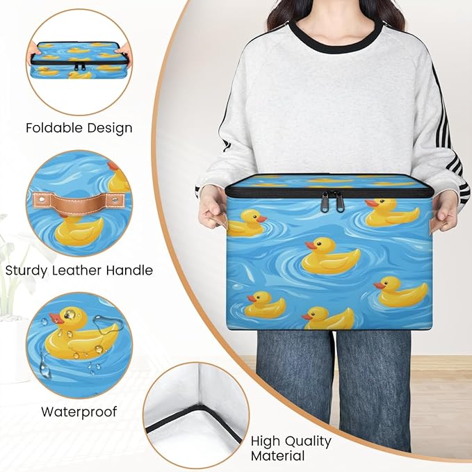 Cartoon Duck Storage Bins with Zipper Lid, Rubber Duck Lidded Storage Baskets Boxes Foldable Organizer with Leather Handles for Clothes Closet Shelf