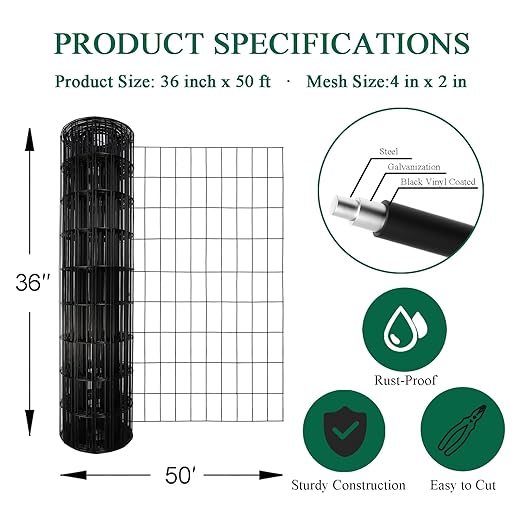 Black PVC Coated Welded Wire Fence 36 Inch x 50 Foot, 2 Inch x 4 Inch 14GA, Garden Border Fencing Roll Vinyl Coating Metal Wire Mesh Hardware Cloth for Yard Vegetable Plant Protection