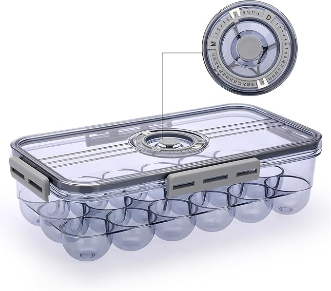 BTSKY Premium Plastic Egg Holder for Fridge - 18 Count Egg Container for Refrigerator, Egg Organizer, Plastic Egg Storage Box with Time Reminer and Lid- Reusable Egg Carton Tray Stackable