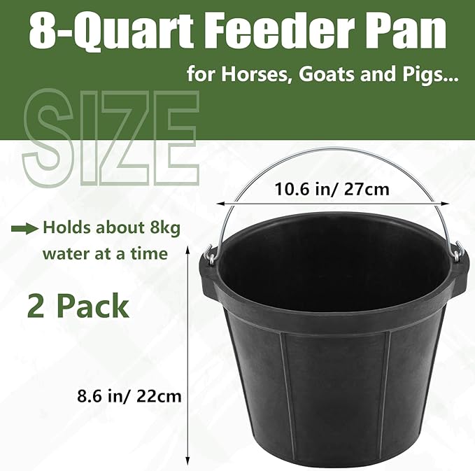 Sadnyy 2 Pcs Rubber Feeder Bucket, 8 Quart 2 Gallon Rubber Horse Feed Bucket with Handle Large Utility Feed Pan Dog Bowl Horse Feeder for Goats Horses Animal Feeding, 10.6 x 8.6 Inches