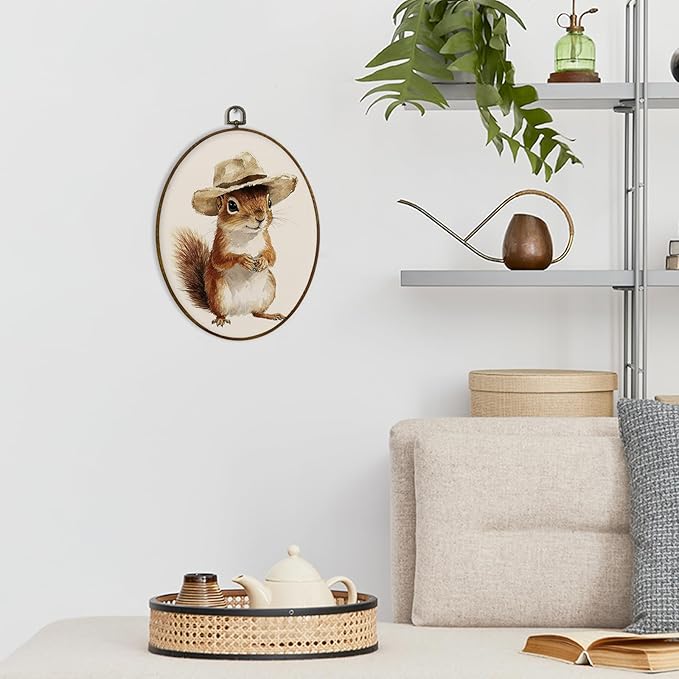 dvhdajed Vintage Squirrel Oval Wall Art Decor,Cottagecore Funny Squirrel Framed Canvas Art,Neutral Nursery Squirrels Oval Wall Hanging Decor for Living Room Bedroom, 8.7x11.3 In