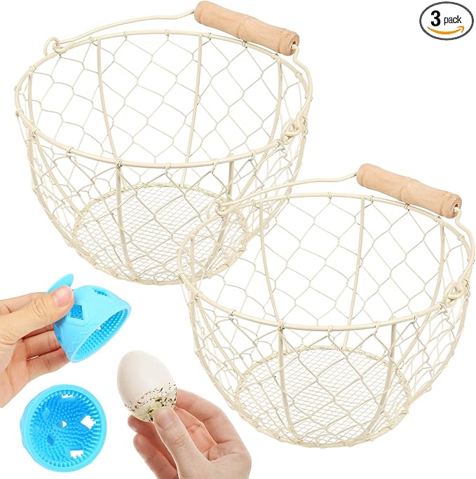 2 Pcs Egg Basket With Handle,Wire Egg Basket for Gathering Fresh Eggs, Round Egg Collecting Basket for Farm,Vintage Style Chicken and Duck Eggs Basket Egg Countertop Storage Container Holder ﻿(White)