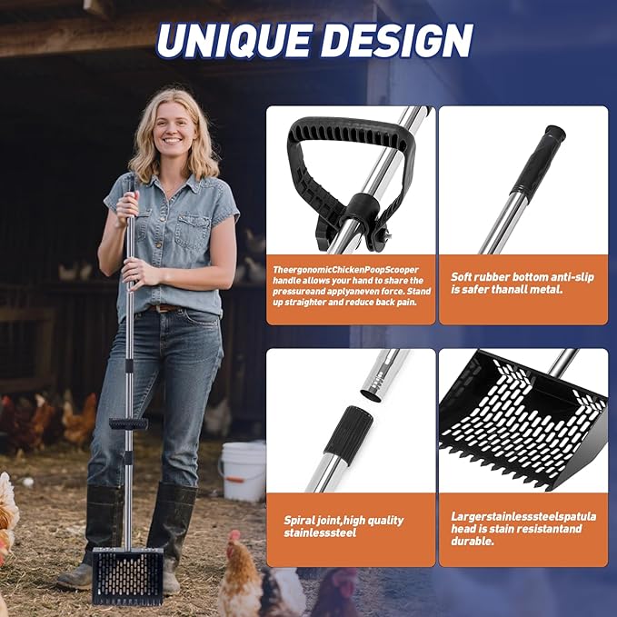 3-in-1 Chicken Poop Scooper & Sifting Shovel, 304 Stainless Steel Handle & Rake, Suitable for Sand, Chicken Coop & Livestock Farm Feces Cleaning, Litter Sifting Shovel (Feces Sifter), 35-62"