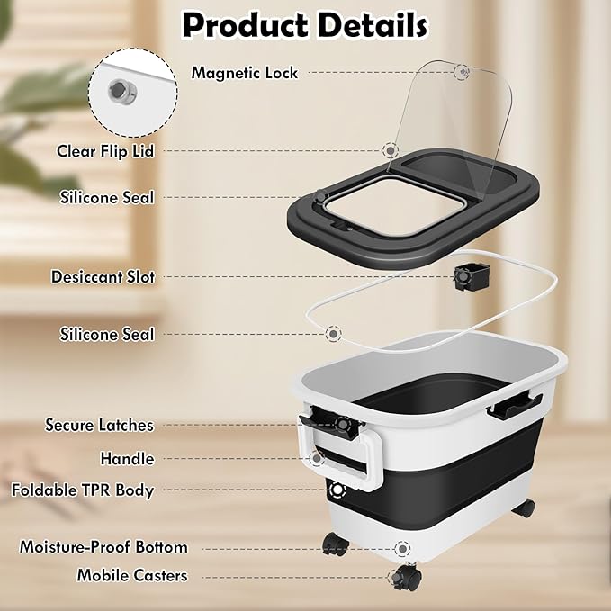 Dog Food Storage Container, 20Lbs Large Collapsible Pet Cat Food Container with Airtight Lids Wheels Handle Scoop Measuring Cup Small Container, Rice Kitchen Dry Food Storage Dispenser Bin (Black)