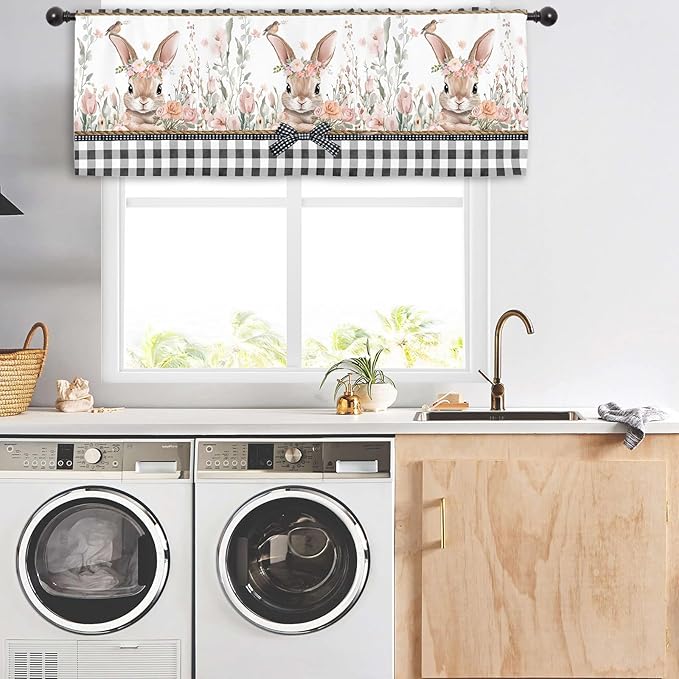 Miyotaa Easter Rabbit Bunny Kitchen Curtain Valance 54W x 18H Rod Pocket Plaid Buffalo Spring Flower Floral Window Treatment for Living Room Bedroom Bathroom
