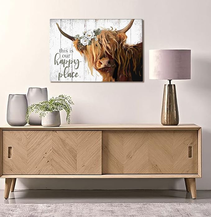 Highland Cow Wall Art - This Is Our Happy Place Inspirational Canvas Poster for Home - Long Haired Scottish Cow with White Flower Picture Farmhouse Kitchen Decor Framed (10"x15")
