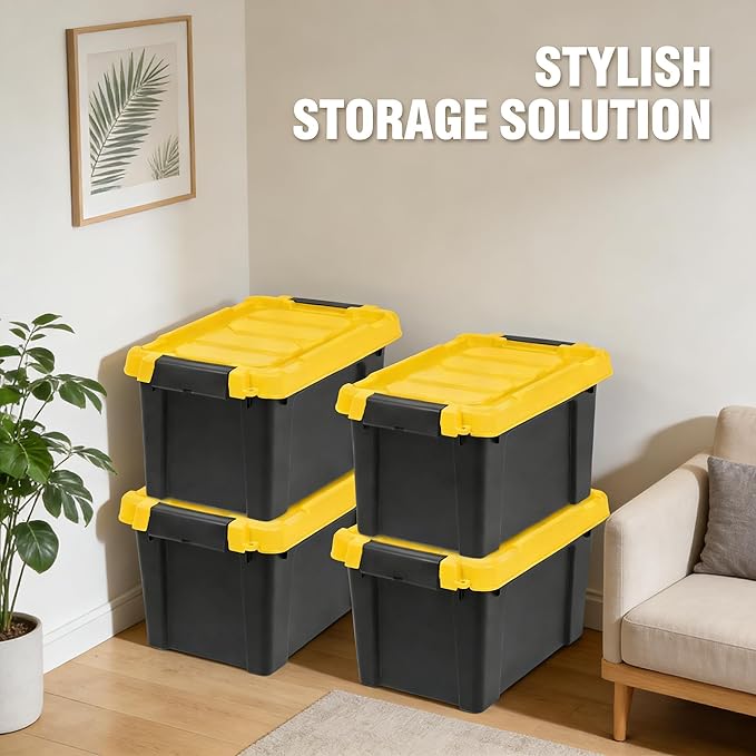 5 Gallon Black Plastic Storage Bins with Lids 4-Pack, Heavy Duty Stackable Totes, Garage Tool Basement Organizer with Locking Lids