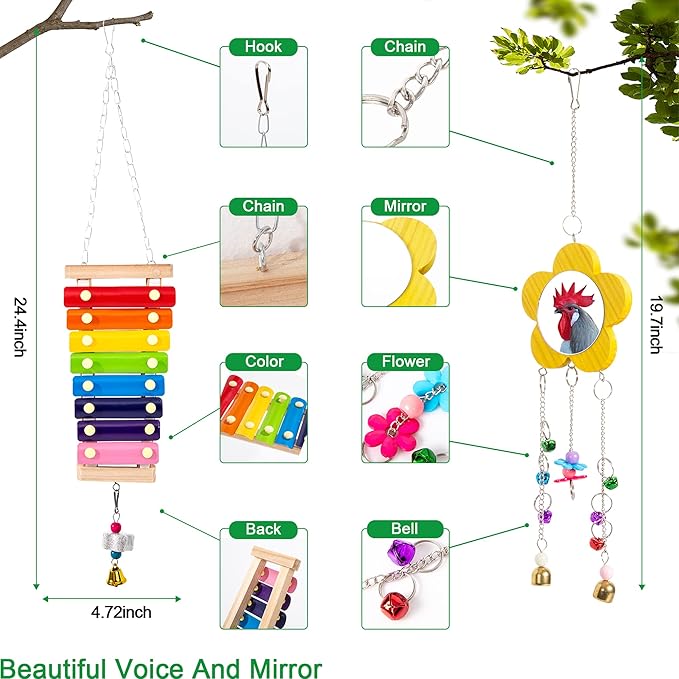 11 Pack Chicken Toys for Coop Accessories - Chicken Xylophone Toy, Chicken Mirror, Chicken Ladder Bridge, Coop Swing, Vegetable Hanging Chicken Feeder, Chewing Foraging Toys, Gifts for Hens