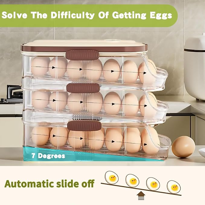 Egg Organizer for Refrigerator，egg Holder for Fridge with Lid and Handle，automatic Rolling Egg Dispenser for Refrigerator,Clear Stackable 3 Tier 42 Eggs Storage，space Saving ＆Timed Freshness