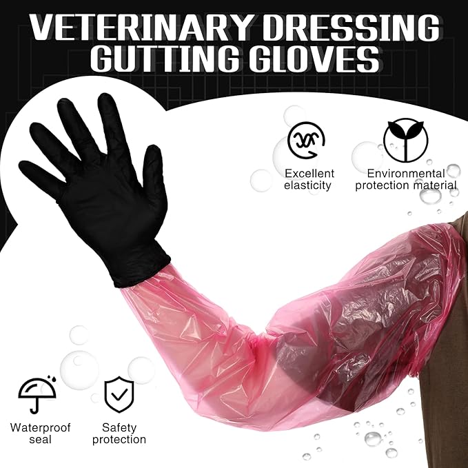 Meanplan 60 Pcs Field Dressing Gloves Disposable Cleaning Hunting Field Processing Gloves Shoulder Length Black Dressing with Long and Short Gut Mitten Combo Pack