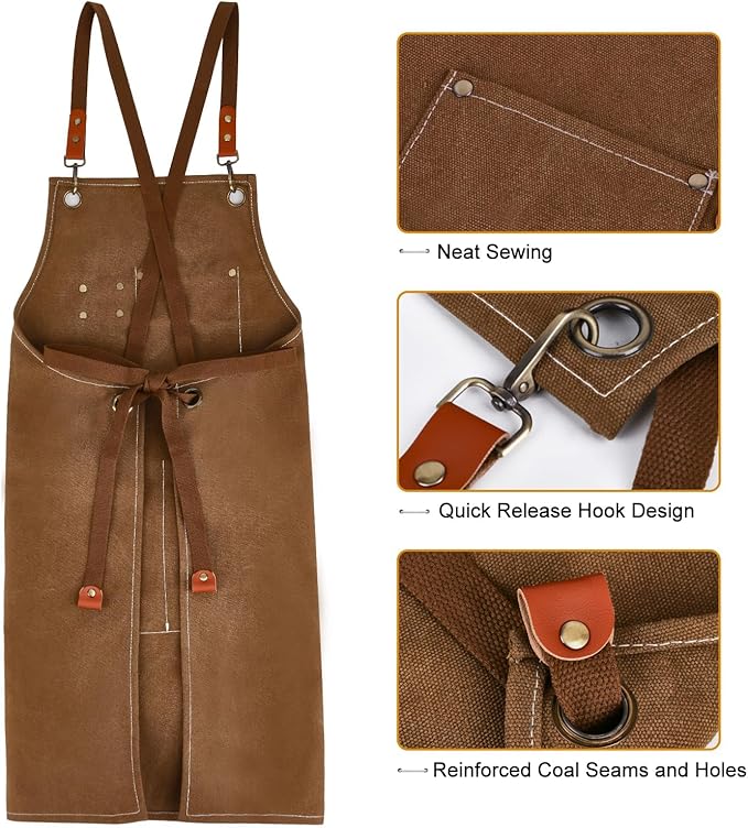 Cross-Back Chef Aprons for Men Women with Pockets,Cotton Canvas Adjustable Cooking Work Apron for Kitchen