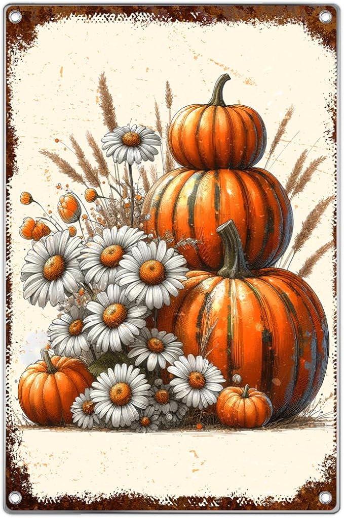 Vintage Pumpkin And Daisy Metal Tin Sign Rustic Fall Harvest Wall Art Farmhouse Autumn Decor For Home Kitchen Or Garden 8 x 12 Inch Outdoor Indoor Aluminum