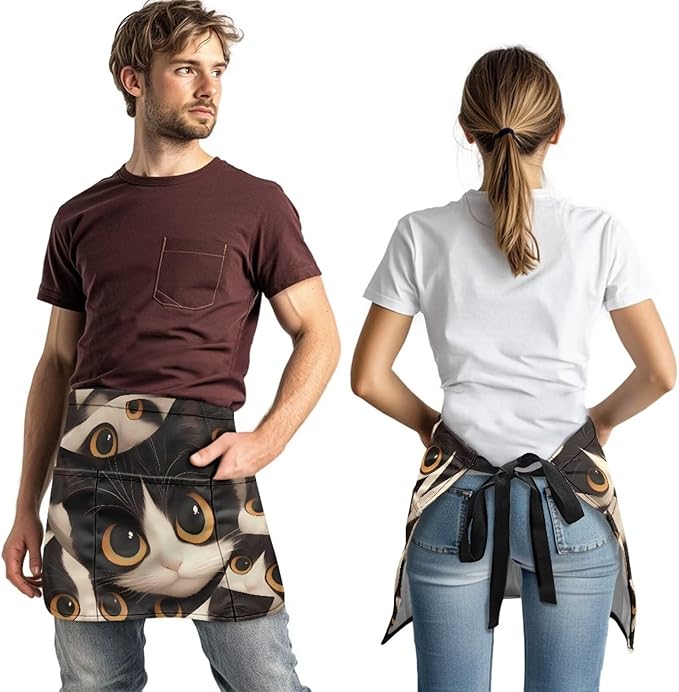 Waist Apron with 3 Pockets Waterproof 13 Inch Short Half Waist Aprons Women Men Server Aprons Waitress Waiter Apron