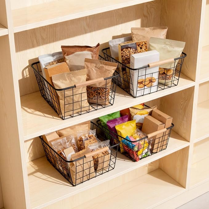 Black 2PCS Wire Storage Baskets with Wooden Handles - Organizing Pantry and Kitchen Cabinets - Metal Wire Food Storage Basket