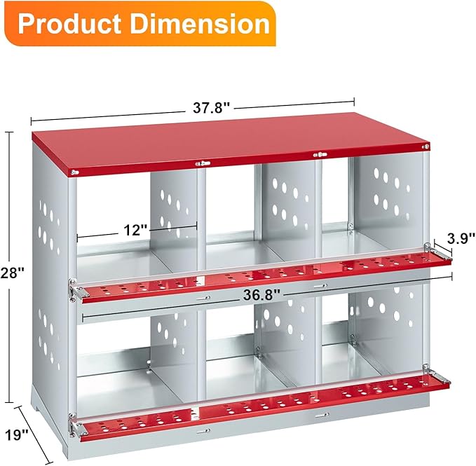 6-Compartment Chicken Nesting Box with Roll-Away Egg Collection - Metal Laying Box for Hens and Ducks, Features Pull-Out Tray & Swing Perch, Wall Mount Design for Coops