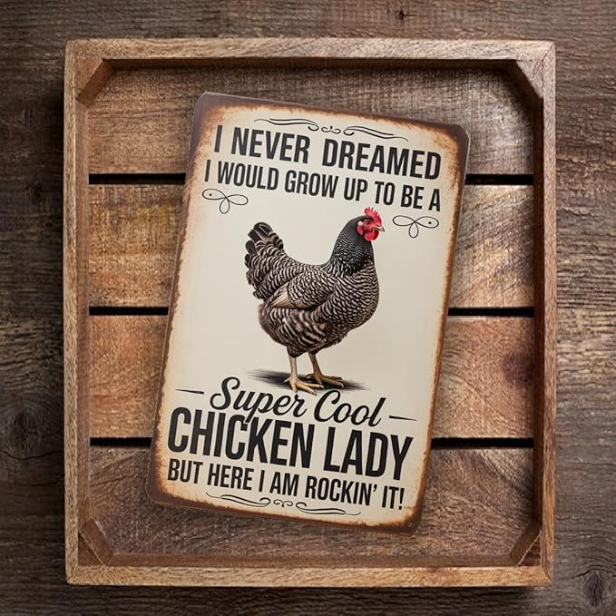 Cool Chicken Lady Sign – Funny Farmhouse Wall Decor, Vintage Metal Chicken Sign With Rustic Distressed Finish 8x12