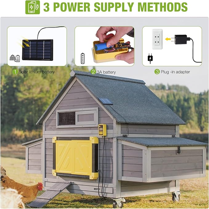 GUTINNEEN Automatic Chicken Coop Door Solar Powered Auto Chicken Door Opener for Chicken House Duck Run (Black)