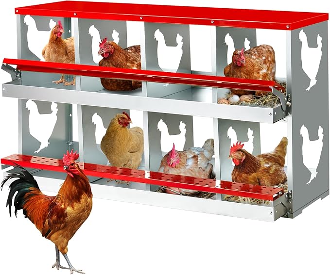 Chicken Nesting Box,Heavy Duty Metal Nest Boxes,8 Hole Roll Away Nesting Boxes,with Large Vented Holes,Wall-Mountable Chicken Coop Nesting Boxes,for Chickens,Ducks,Large Egg Boxes (Red 8 Hole)