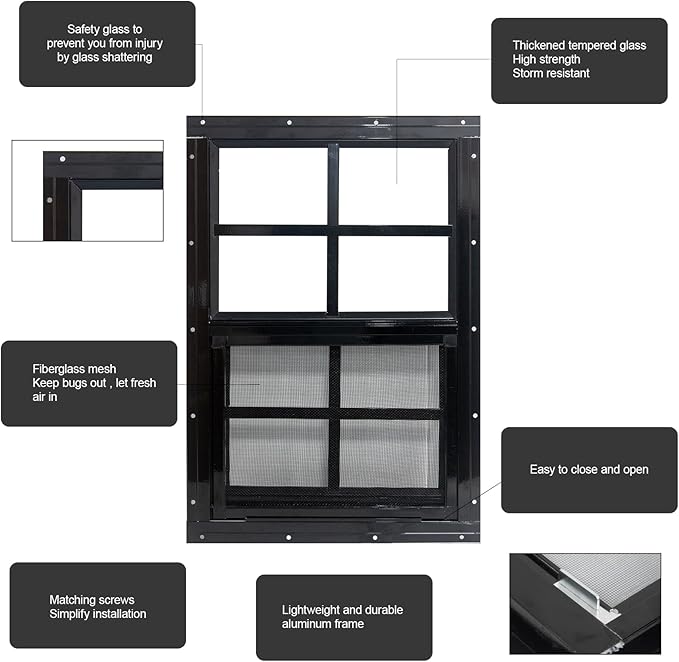Yuzzy 14" x 21" Shed Windows with Tempered Glass and Fiberglass Screen, 2 Pack Small Sliding Windows for Shed, Chicken Coop, Playhouse, Household, Garage, Barns (Black)