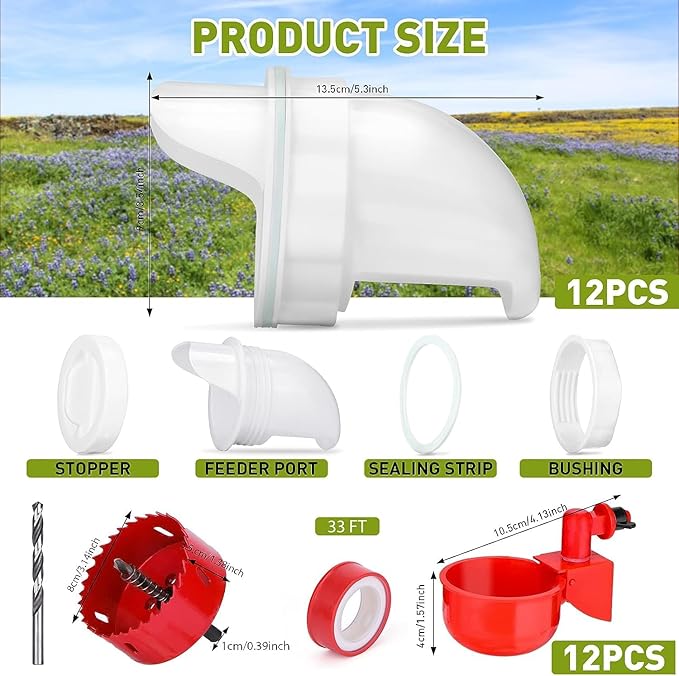 12 Pcs Chicken Feeder Kit and 12 Pcs Water Cup Kit, Gravity Poultry Waterer Cup and Poultry Feeder Port Set with Hole Saw and Sealing Tape, Chicken Feeder No Waste for Duck Bird Quail