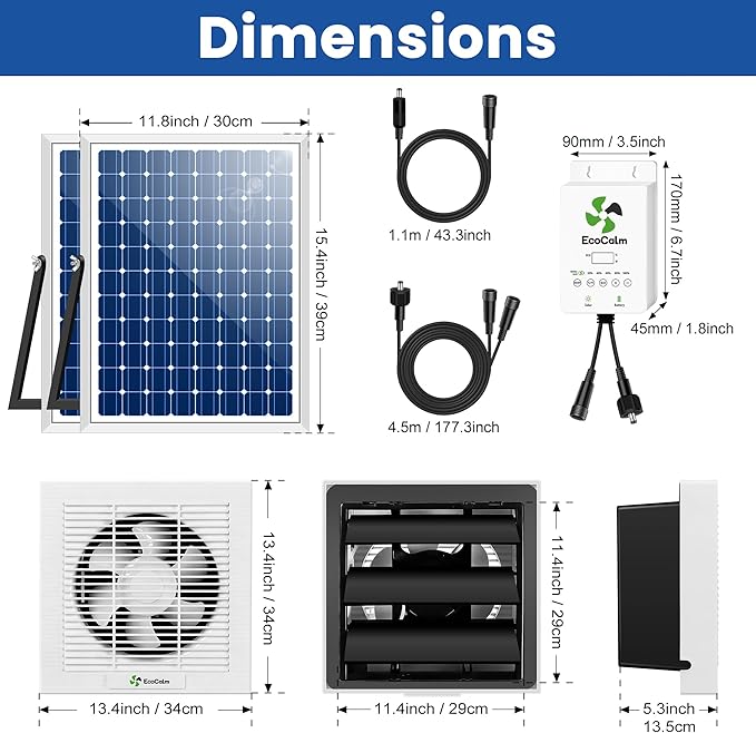 10" Solar Exhaust Fan with Battery and Adjustable Thermostat, Shutter Ventilation Fan for Greenhouse, Attic, Garage with 2PCS 15W Bifacial Solar Panels